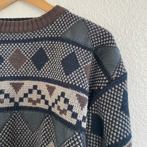 Jon 1 E | Vintage grandpa sweater brown knit with leather patches size m… - Picture 2 of 7